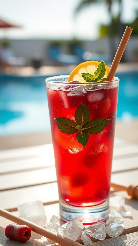 Poolside Berry Cooler Recipe Chilled red berry beverage in a glass garnished with mint and lemon, photographed poolside.